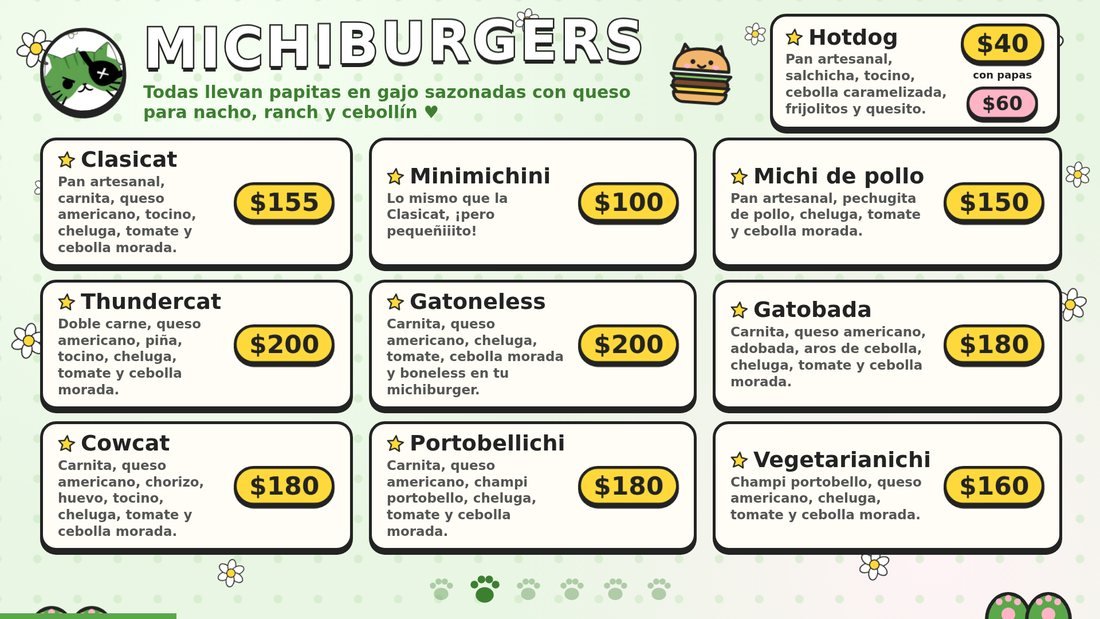Green Cat · Menú animado — Michiburgers