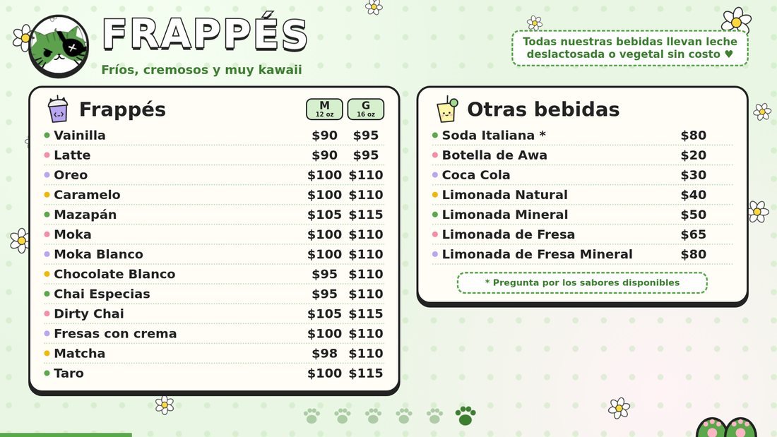 Green Cat · Menú animado — Frappés y otras bebidas