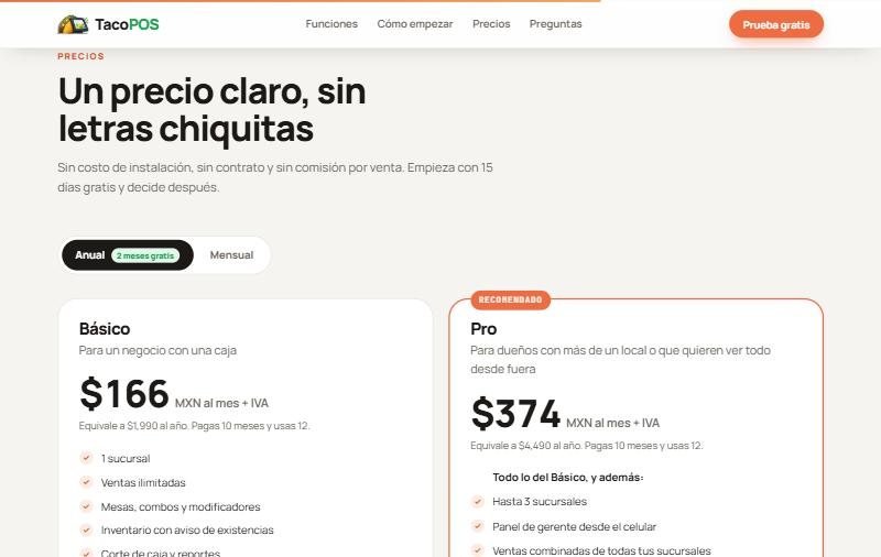 TacoPOS — Planes con precio claro: Básico y Pro